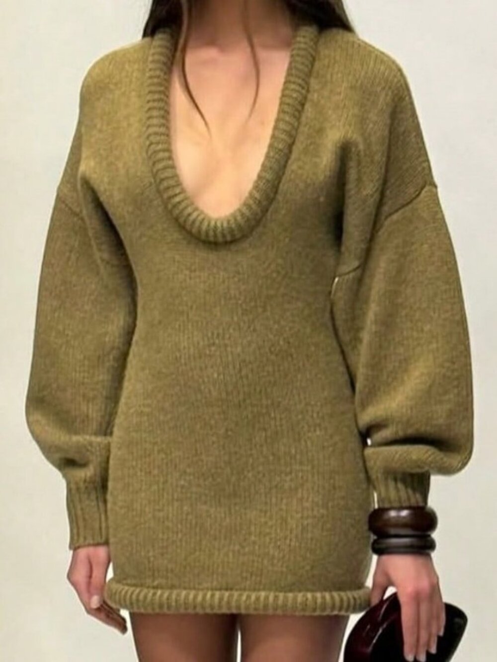 Green Casual Women's Textured V-Neck Lantern Sleeve Short Sweater Dress